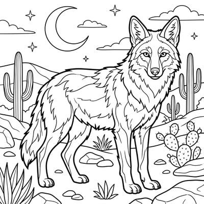 Journey to the serene desert night with this enchanting coyote coloring page, specifically designed for seniors and adults. Its clear outlines and engaging details offer a wonderfully relaxing and accessible creative experience.