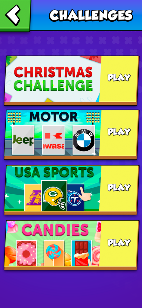 Colormania - Guess the Colors - Colormania app challenges menu with themed packs for motor, sports, and candies.