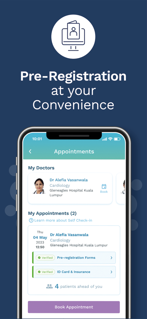 MyHealth360 Malaysia app screen showing hospital appointment pre-registration and patient queue status