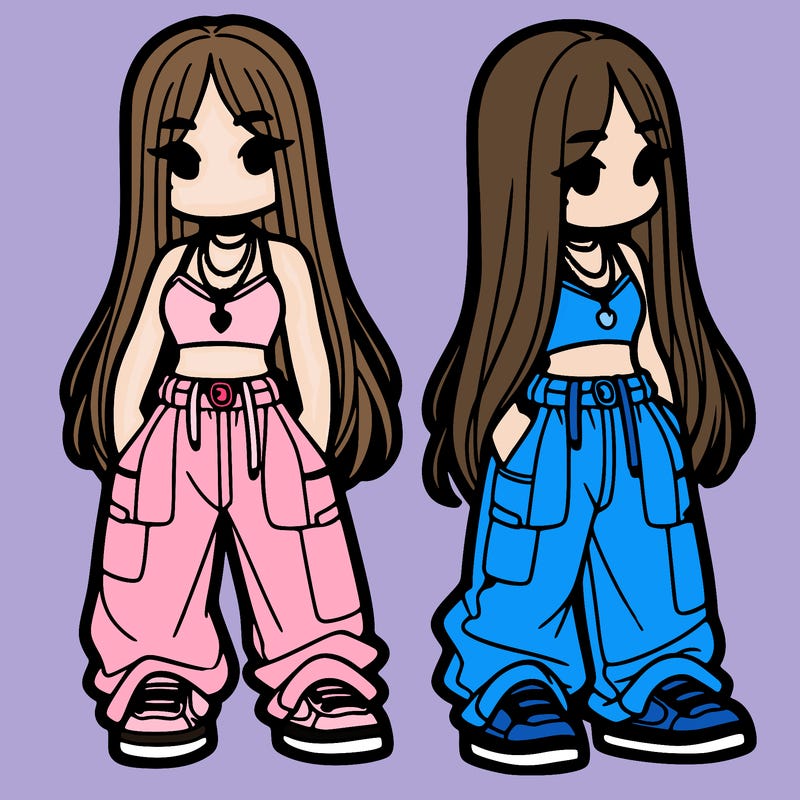 girl in baggy pants crop top and long hair