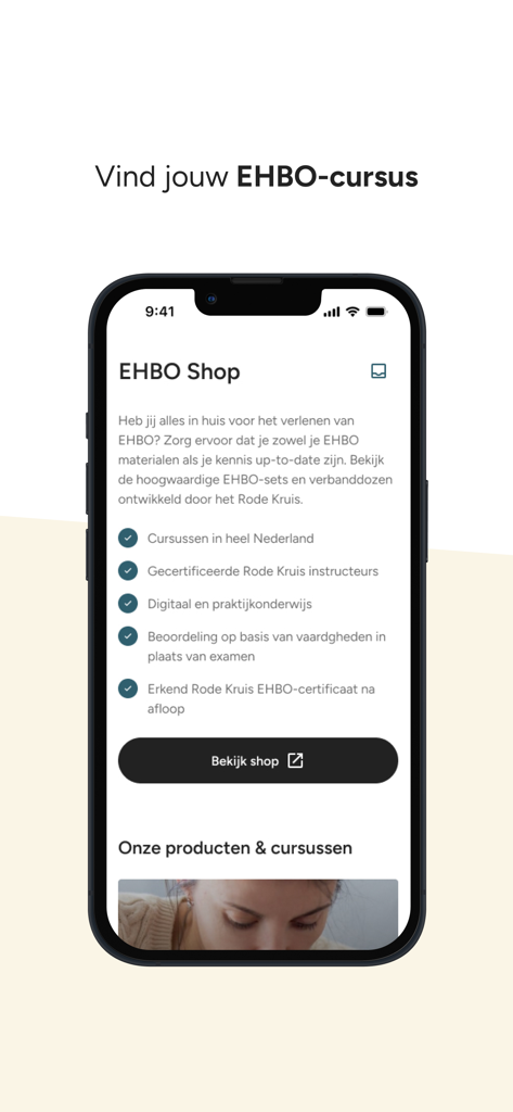 EHBO-app - Rode Kruis - Smartphone screen showing the Red Cross app shop with first aid courses and certified training information