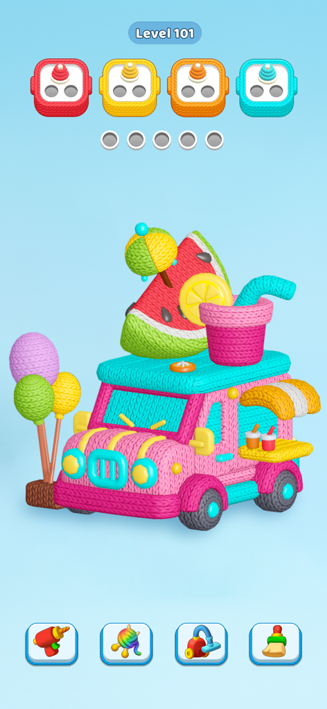 A screenshot of Knit Away featuring a pink knitted food truck and colorful yarn sorting boxes at the top.