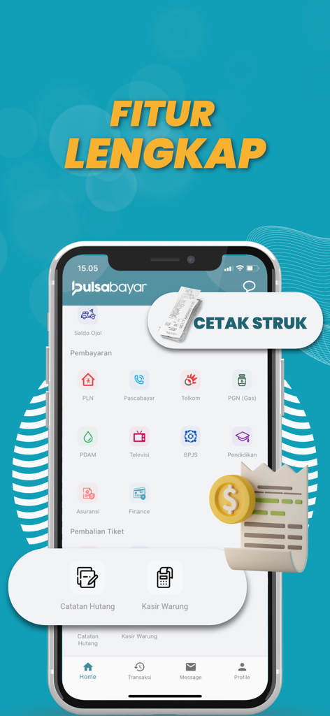 Captura de pantalla de la aplicación Pulsabayar que muestra varias opciones de pago de facturas indonesias y funciones de impresión de recibos