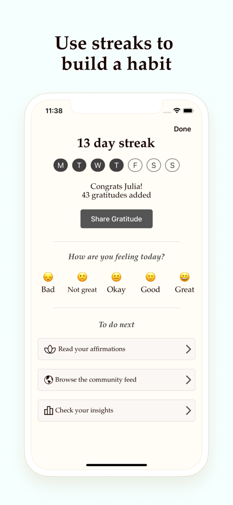 Interface of the Gratitude Plus app showing a thirteen day streak and a daily mood tracker with emojis