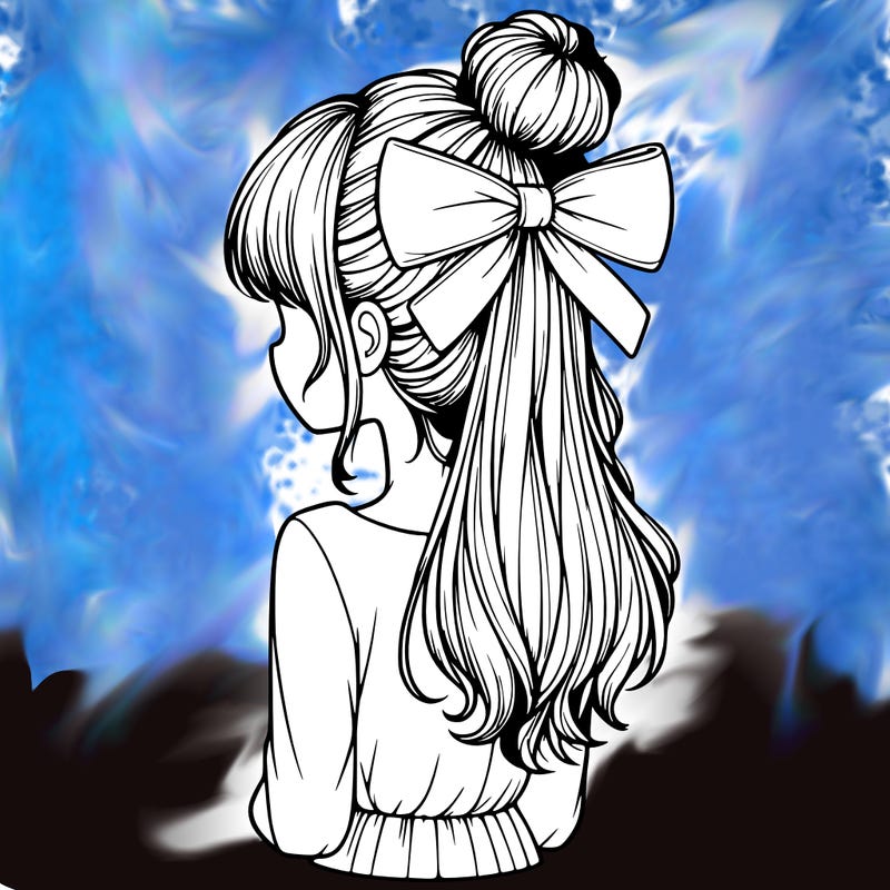 realistic girl  with hip length hair a bun and a big bow on the back of head