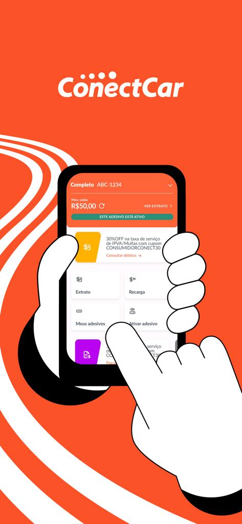 ConectCar: Tag, benefícios e + - Smartphone displaying the ConectCar app home screen with account balance and vehicle management features