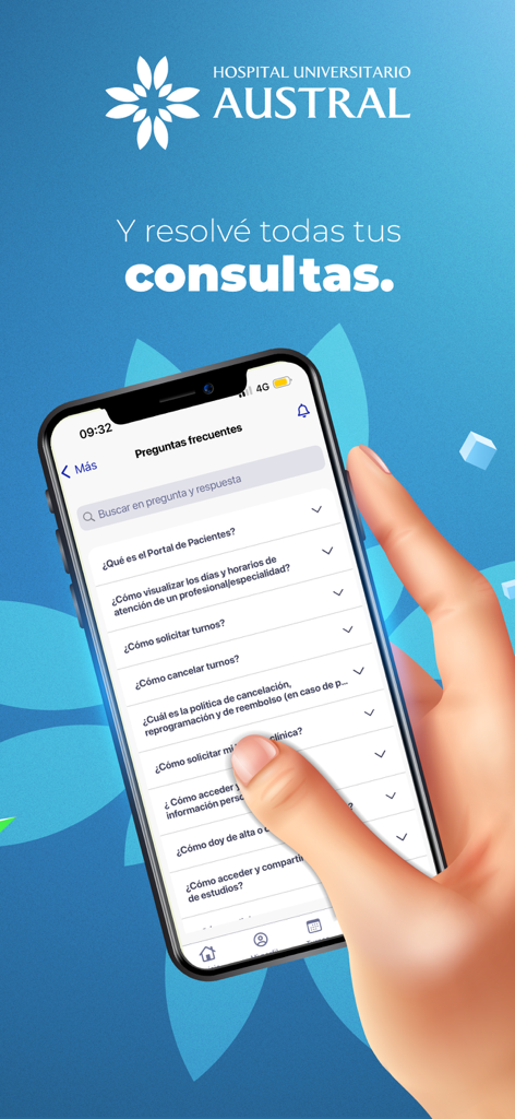 Portal Hospital Austral - Smartphone mostrando la sección de preguntas frecuentes de la app Portal Hospital Austral