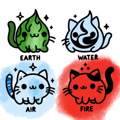 4 cats that represent the different elements, earth, water, air, and fire