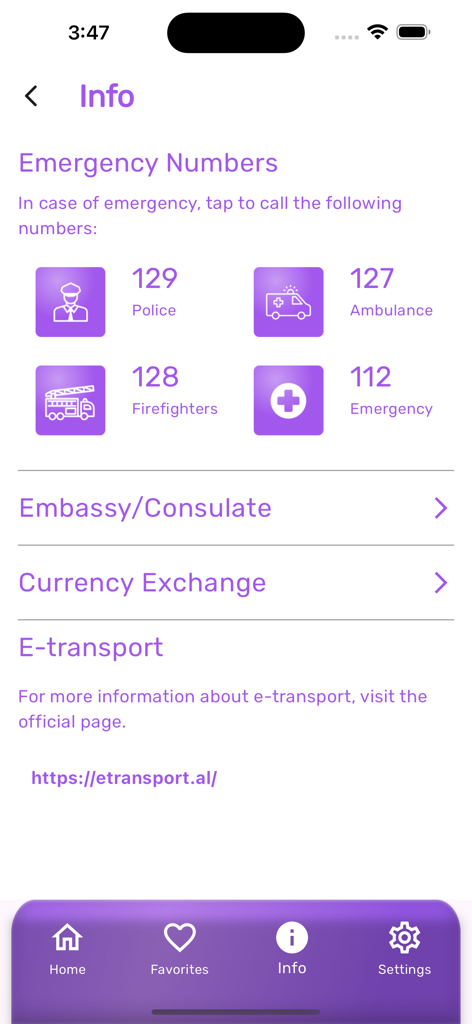 Info screen of the TEA app showing Albanian emergency numbers for police, ambulance, and firefighters.