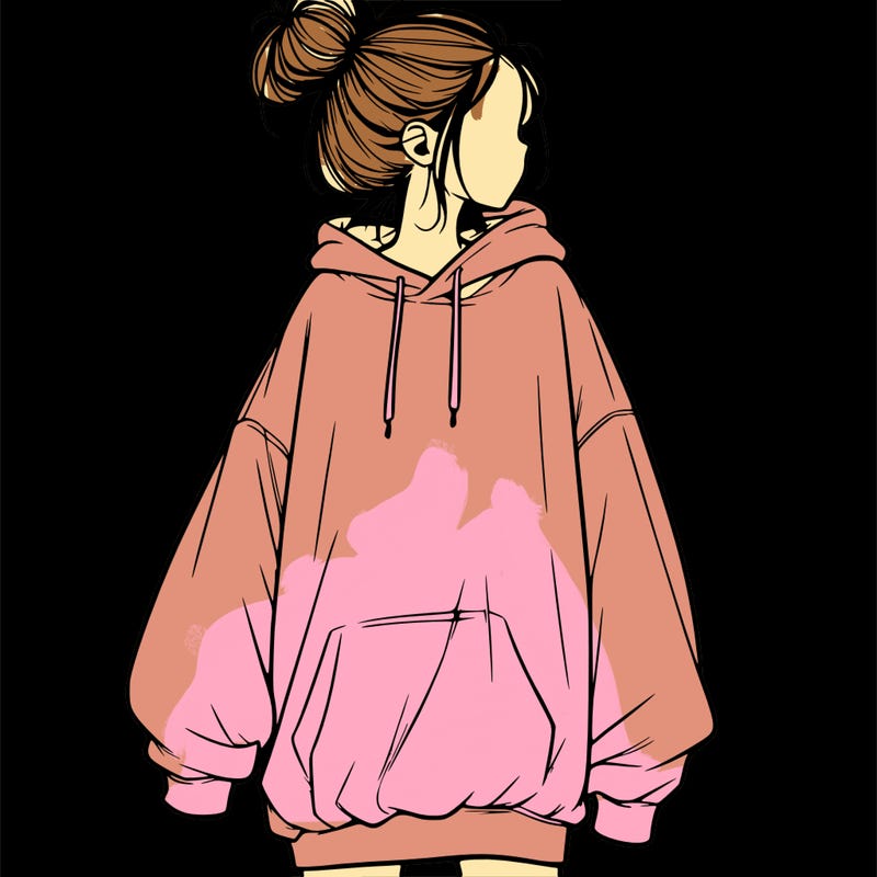 realistic girl with a oversized sweatshirt on and a bun