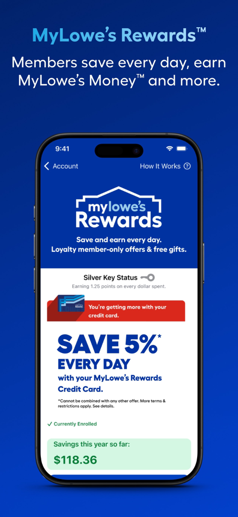Lowe's Home Improvement - Schermata dell'app Lowe's per il programma MyLowes Rewards che mostra lo stato Silver Key e i risparmi per i membri
