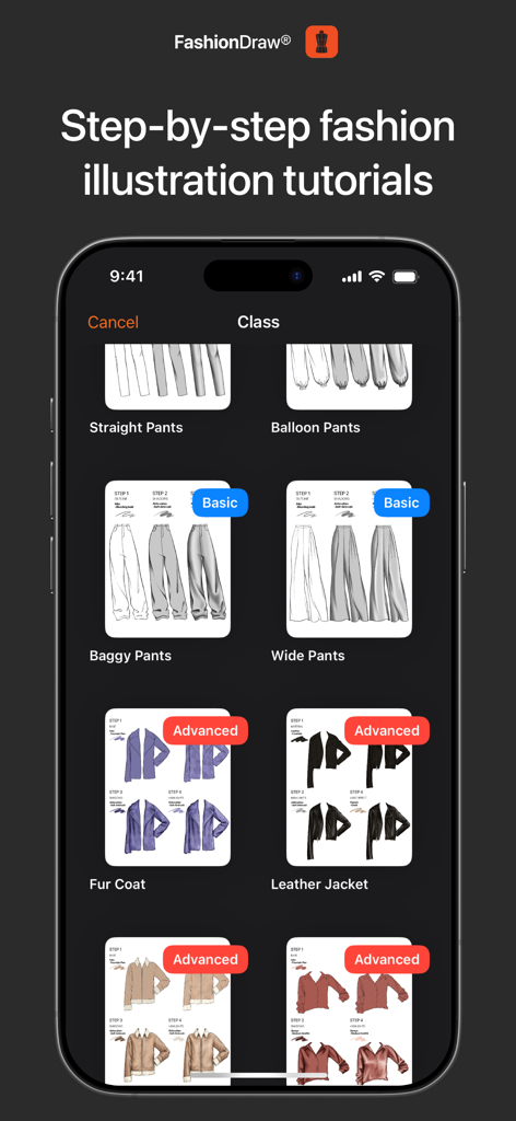 Screenshot of FashionDraw app displaying step by step fashion illustration tutorials for various garments like pants and jackets