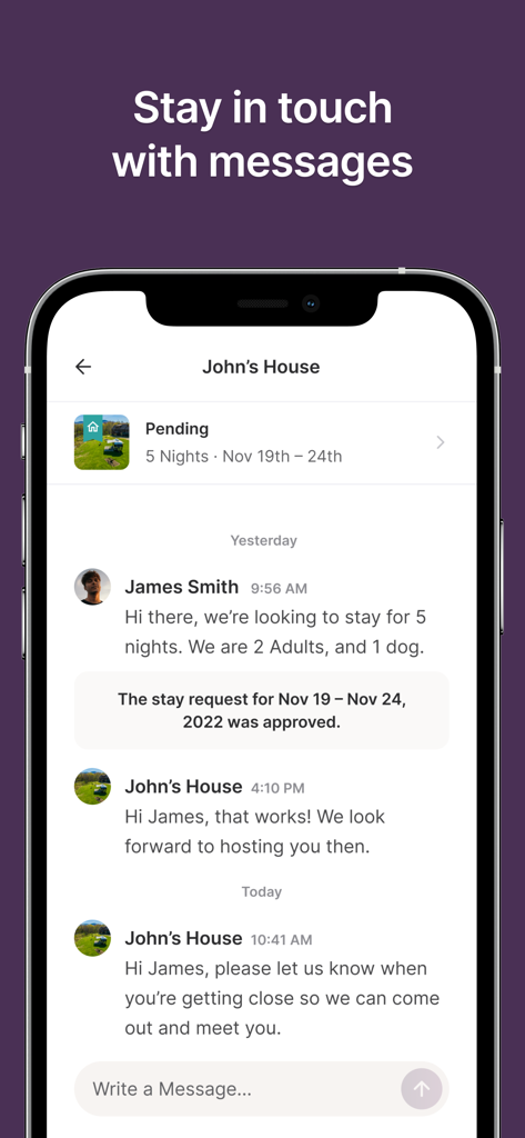 A mobile app interface showing a messaging conversation between an RV traveler and a host regarding an approved stay request