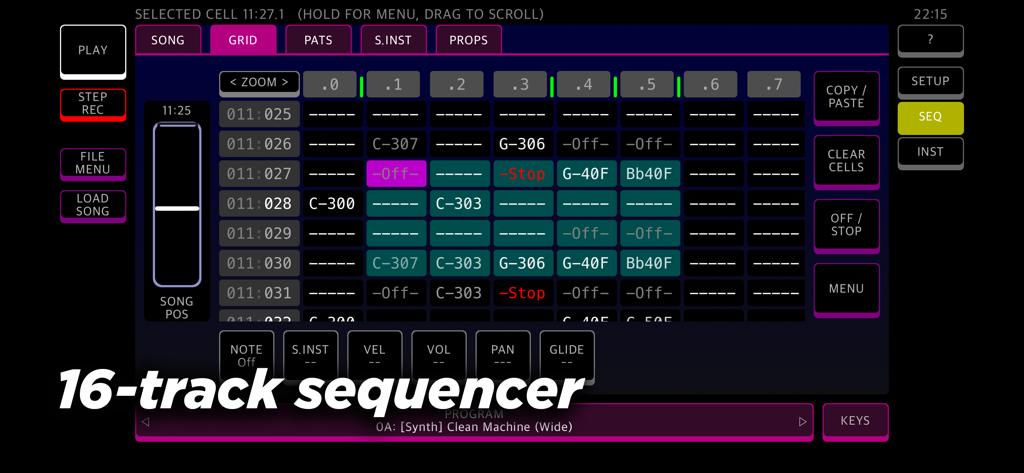 ANILOG - ANILOG app interface showing the 16 track sequencer grid with a dark retro theme