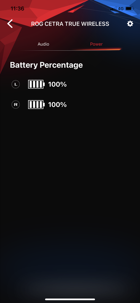 Porcentaje de batería de los auriculares ROG Cetra True Wireless en la aplicación Armoury Crate