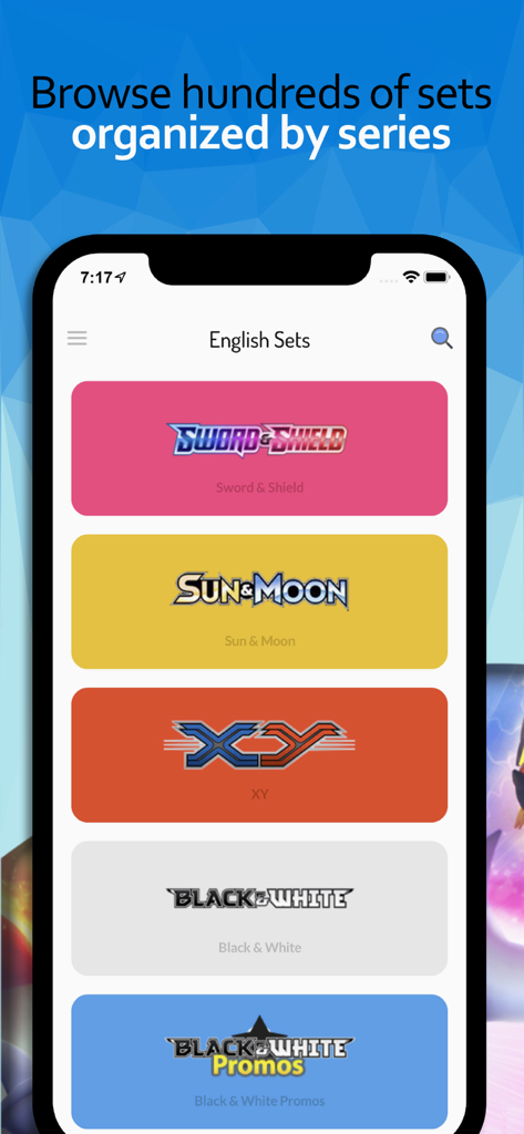 A interface do aplicativo Pokellector mostrando uma lista de conjuntos de Pokémon TCG em inglês, incluindo Espada e Escudo e Sol e Lua.