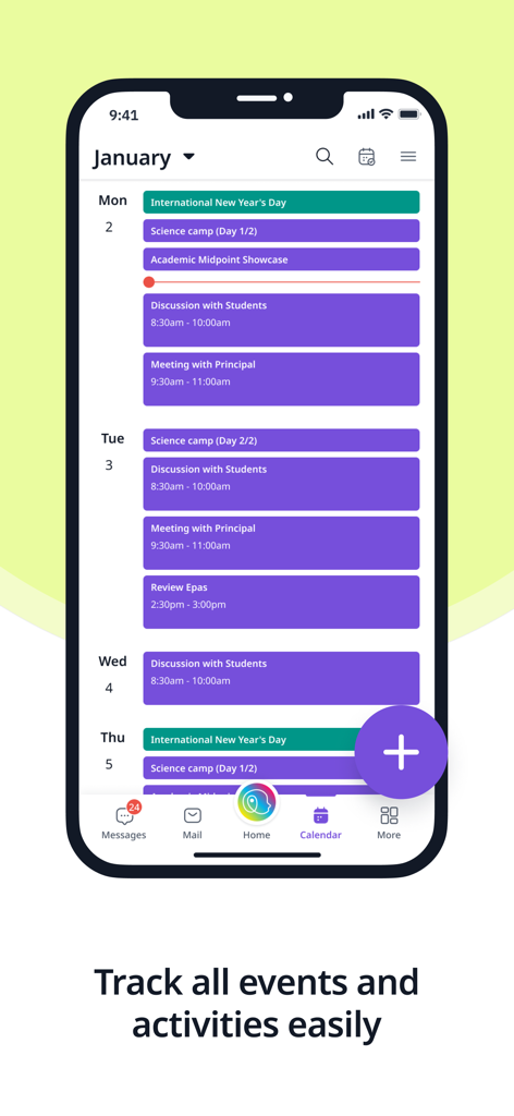 SmartLearn App - Interface de calendrier de l'application SmartLearn montrant les événements académiques quotidiens et les activités des élèves