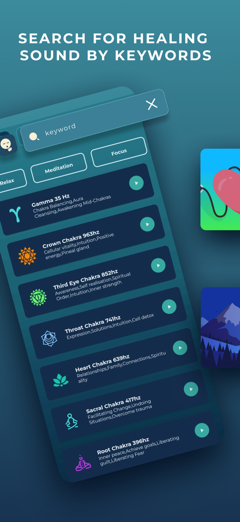 Healing Sounds- Sound Therapy - Screenshot of the Healing Sounds app showing a list of chakra frequencies and a search bar for meditation sounds