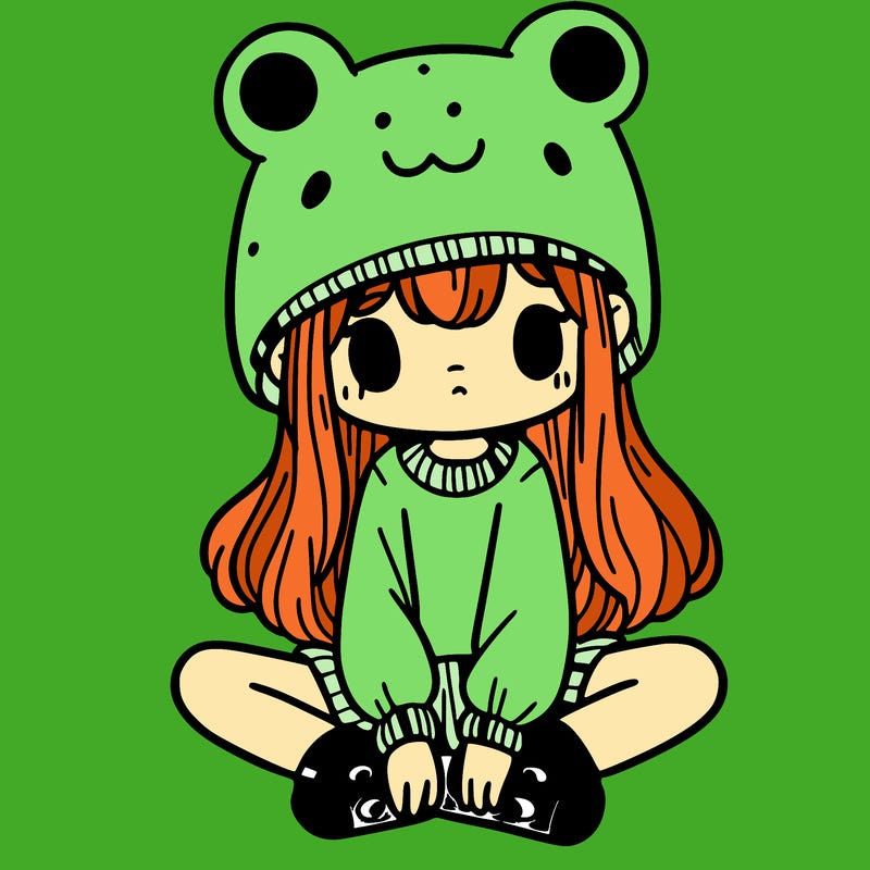 a girl wearing a frog hat and some frog socks