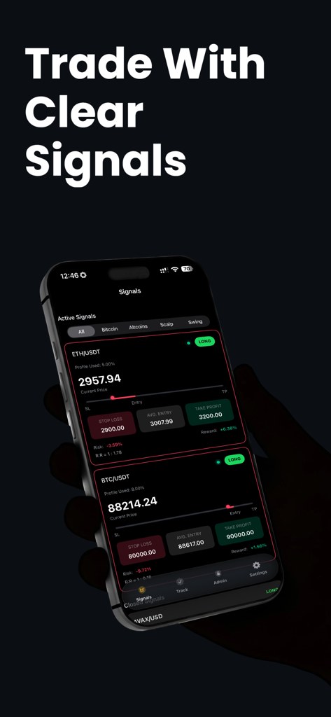 iPhone exibindo sinais de trading de cripto com alertas de compra, venda e stop loss