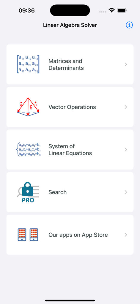 Hauptmenü der Lineare Algebra Solver App mit Kategorien für Matrizen, Vektoroperationen und lineare Gleichungen.