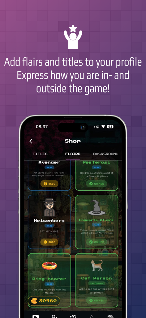 Arena - Meet Gamers - Schermata del negozio in-app di Arena che mostra flair del profilo e titoli per la personalizzazione del giocatore.