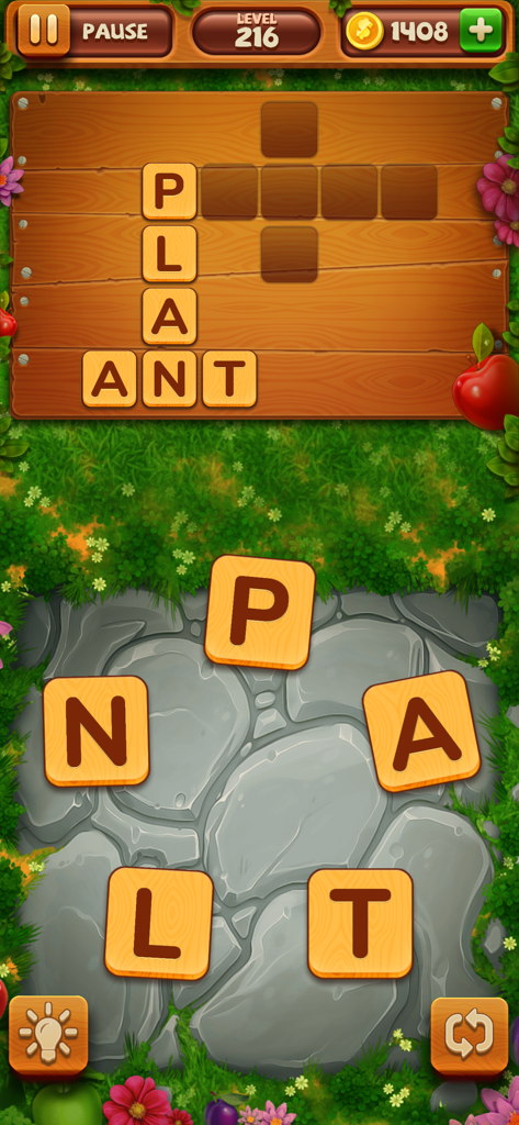 Gameplay of Word Yard app showing a word search puzzle with wooden letter tiles