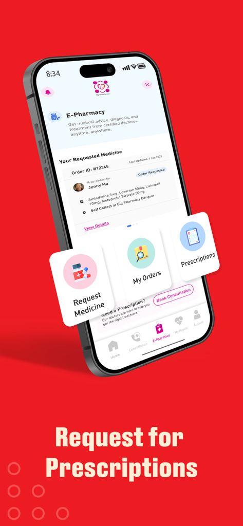 BIG Pharmacy - A smartphone showing the BIG Pharmacy app interface with options to request medicine, view orders, and manage prescriptions.