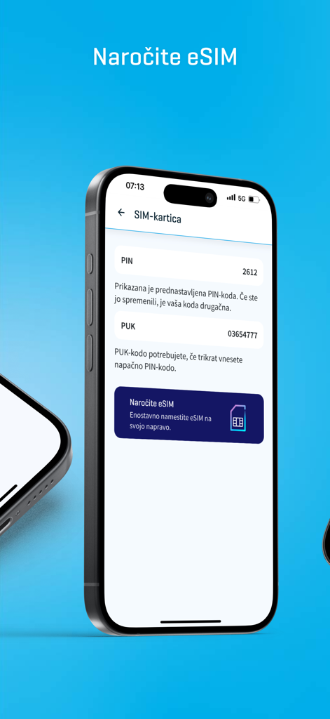 The Moj Mobi app interface for ordering an eSIM and viewing SIM card security codes.