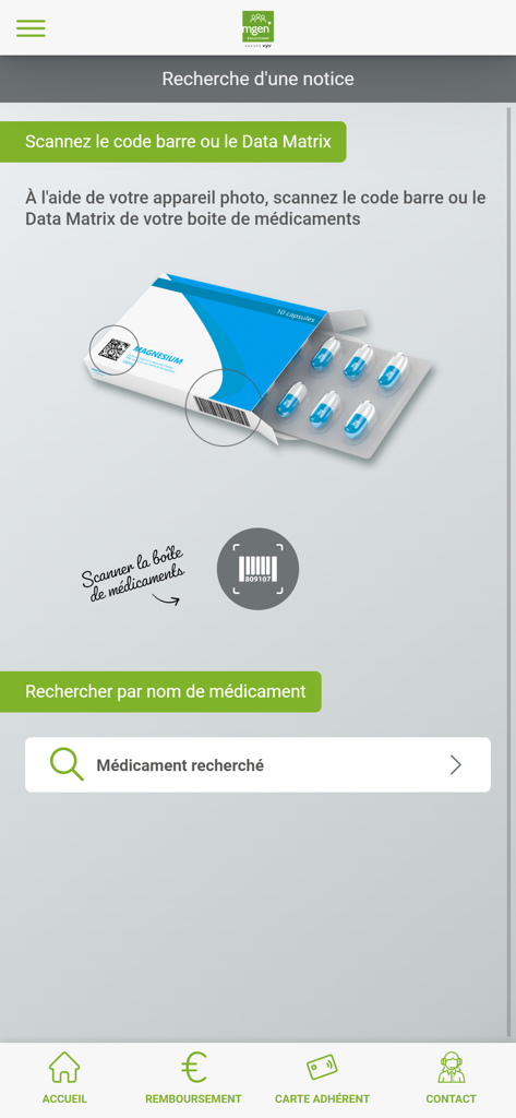 MGEN Solutions app medication scanner interface showing a barcode search for a magnesium box.