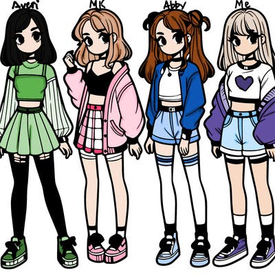 one girl with crop-top shirt and a jacket with a skirt, long socks and another girl with a shirt and pants with a jacket