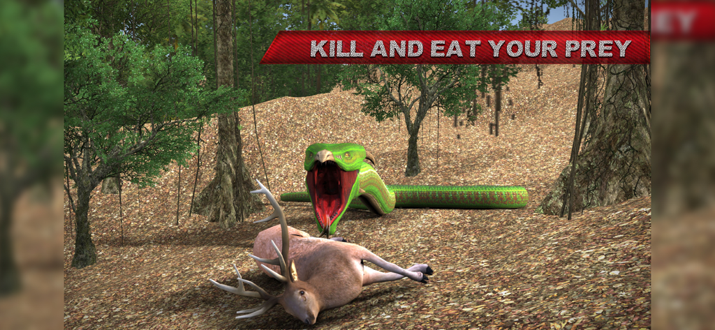 Anaconda Attack Simulator 3D - A giant green snake with its mouth open attacking a deer in a jungle simulation