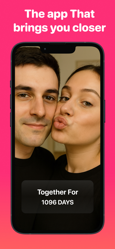 Love2Love - Couple questions - Love2Love app interface showing a happy couple and a counter displaying 1096 days together