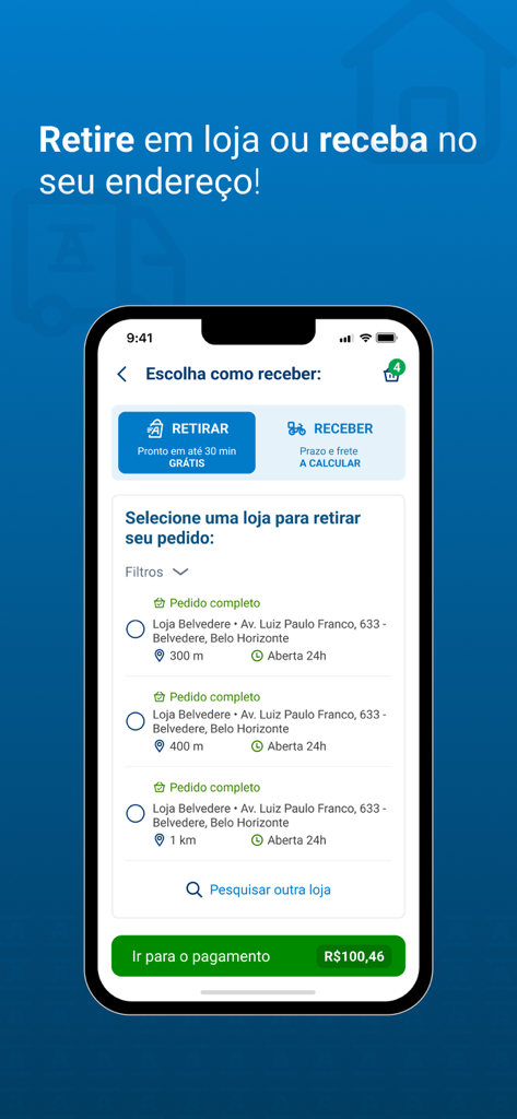 Interface of a pharmacy app showing options for in store pickup and home delivery with a list of nearby locations