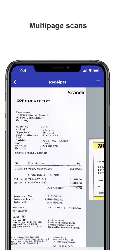 PaperScan - PaperScan mobile app interface showing a multipage document scan of a hotel receipt