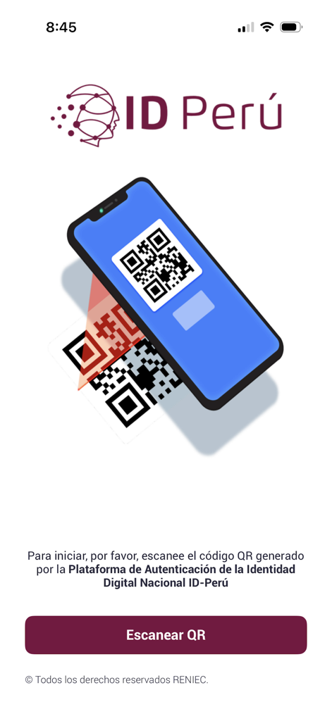 La pantalla de inicio de la aplicación ID Perú muestra un teléfono inteligente escaneando un código QR para la autenticación de identidad digital