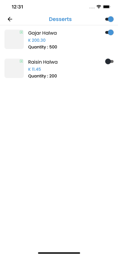 Schermata di gestione menu nell'app PGO Partner che mostra articoli da dessert con interruttori di disponibilità