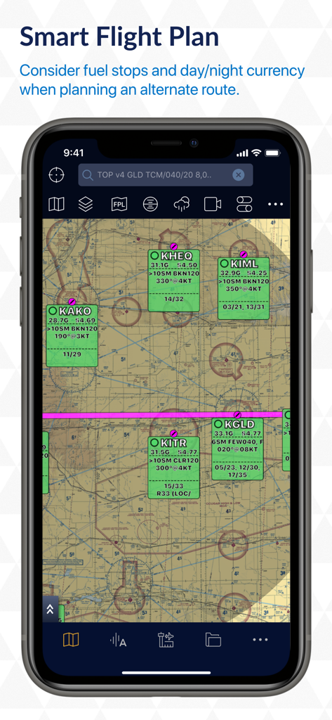 Stratus Insight EFB - Stratus Insight EFB interface showing the Smart Flight Plan feature with aviation sectional maps and airport data