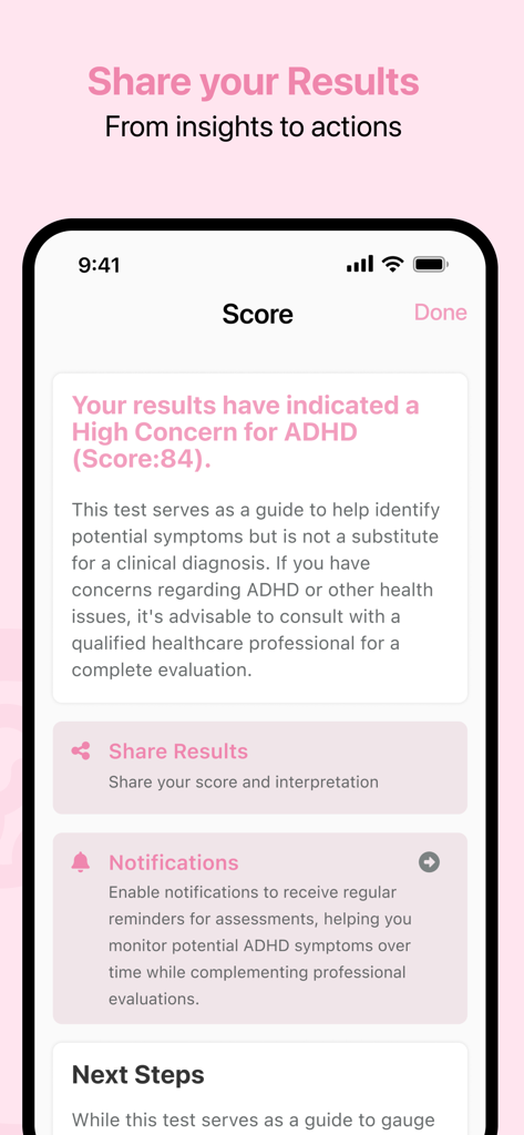 Un écran mobile montrant les résultats du test TDAH pour enfants indiquant un score de préoccupation élevé avec des options pour partager et définir des notifications