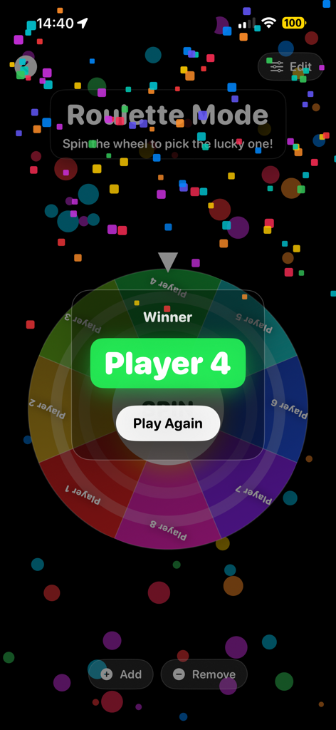 Roulette mode in the Tap Roulette PRO app showing a colorful spinning wheel with Player 4 announced as the winner.