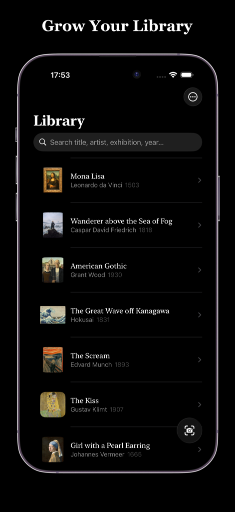 Simple Art Scanner - Interfaccia della libreria d'arte digitale che mostra una collezione di dipinti famosi scansionati con metadati di artista e anno