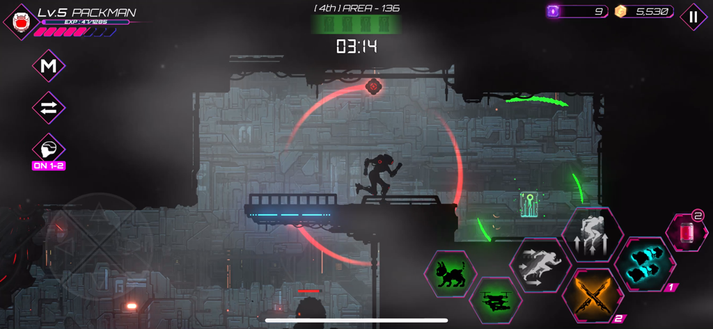 Undestroyed : Roguelike ARPG - A mechanical shadow warrior running through a dark cyberpunk dungeon in Undestroyed.