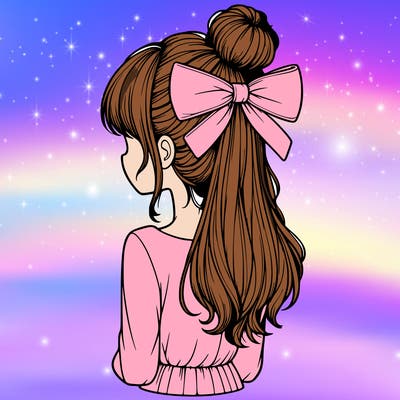 realistic girl  with hip length hair a bun and a big bow on the back of head