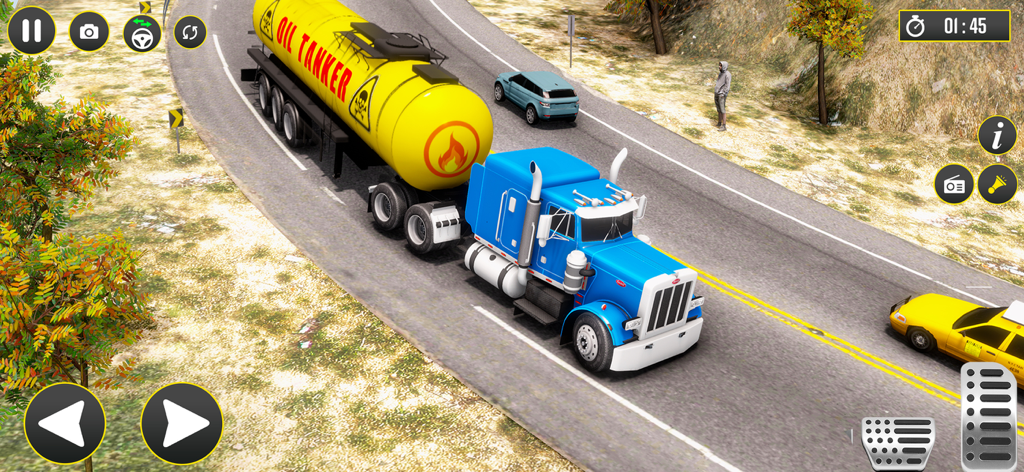 Blue semi truck pulling a yellow oil tanker on a winding road in a 3D simulation game
