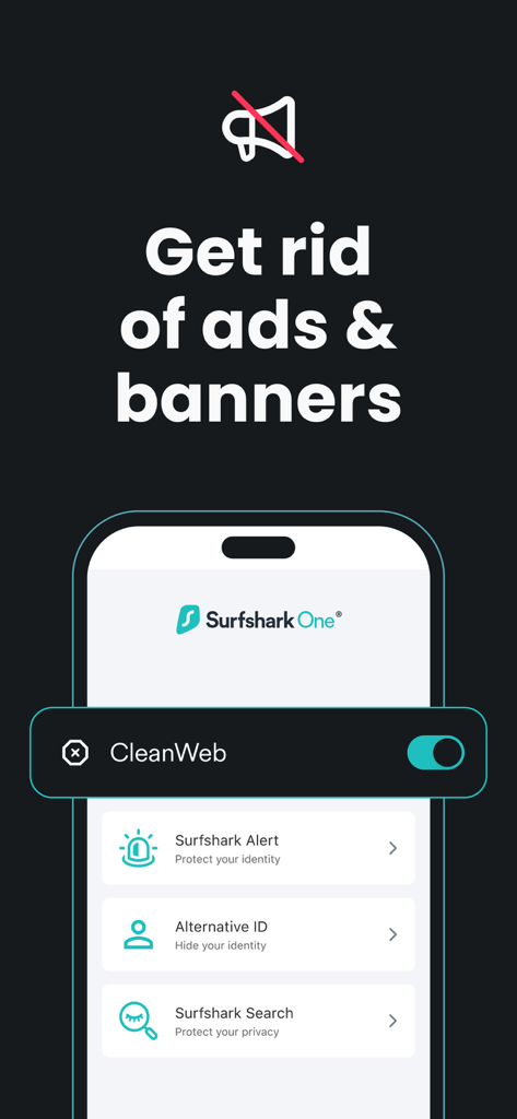 Surfshark VPN-Oberfläche, die die CleanWeb-Funktion zum Blockieren von Werbung und Bannern auf dem iPhone zeigt