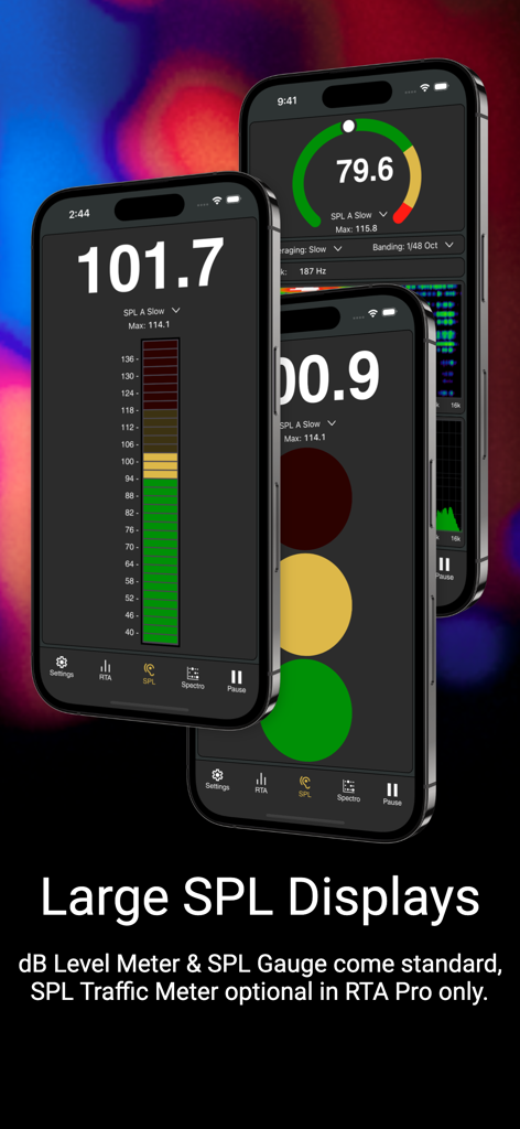 Smaart RTA mobile app interface showing various SPL displays including a dB level meter, circular gauge, and traffic light indicator.