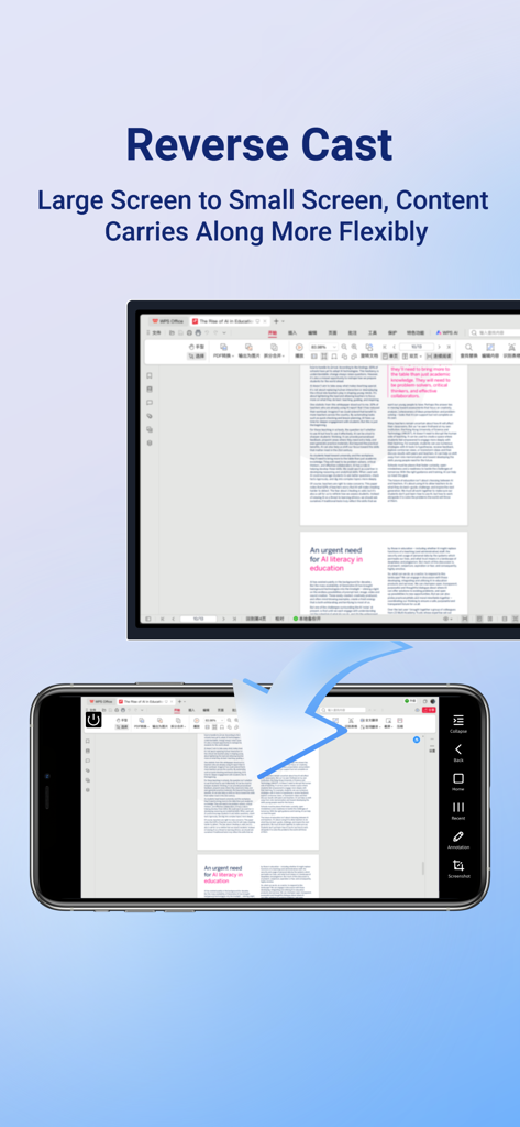 Screen Share for WAF series - Pantalla de smartphone que muestra un documento reflejado desde una gran pantalla interactiva usando transmisión inversa
