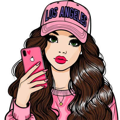 realistic beautiful girl wearing los ángeles cap holding an iphone