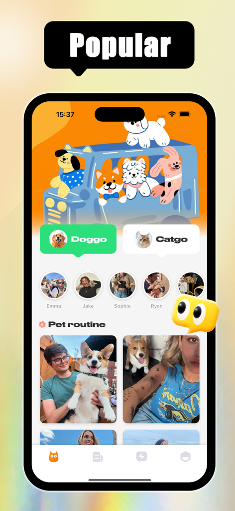 Interface de l'application Kreamy montrant un fil communautaire de photos d'animaux et de profils d'utilisateurs.
