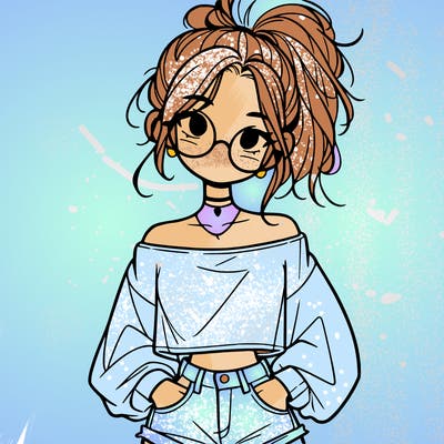 girl with a messy ponytail glasses a baggy crop top and jean shorts